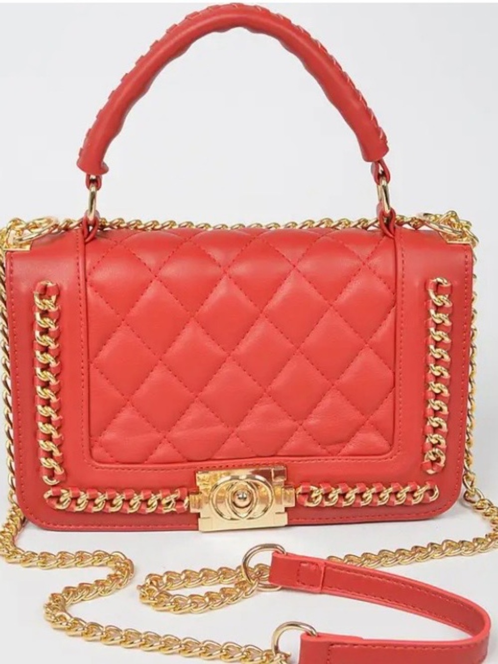 Quilted Red Shoulder Bag with Gold Chain Hardware